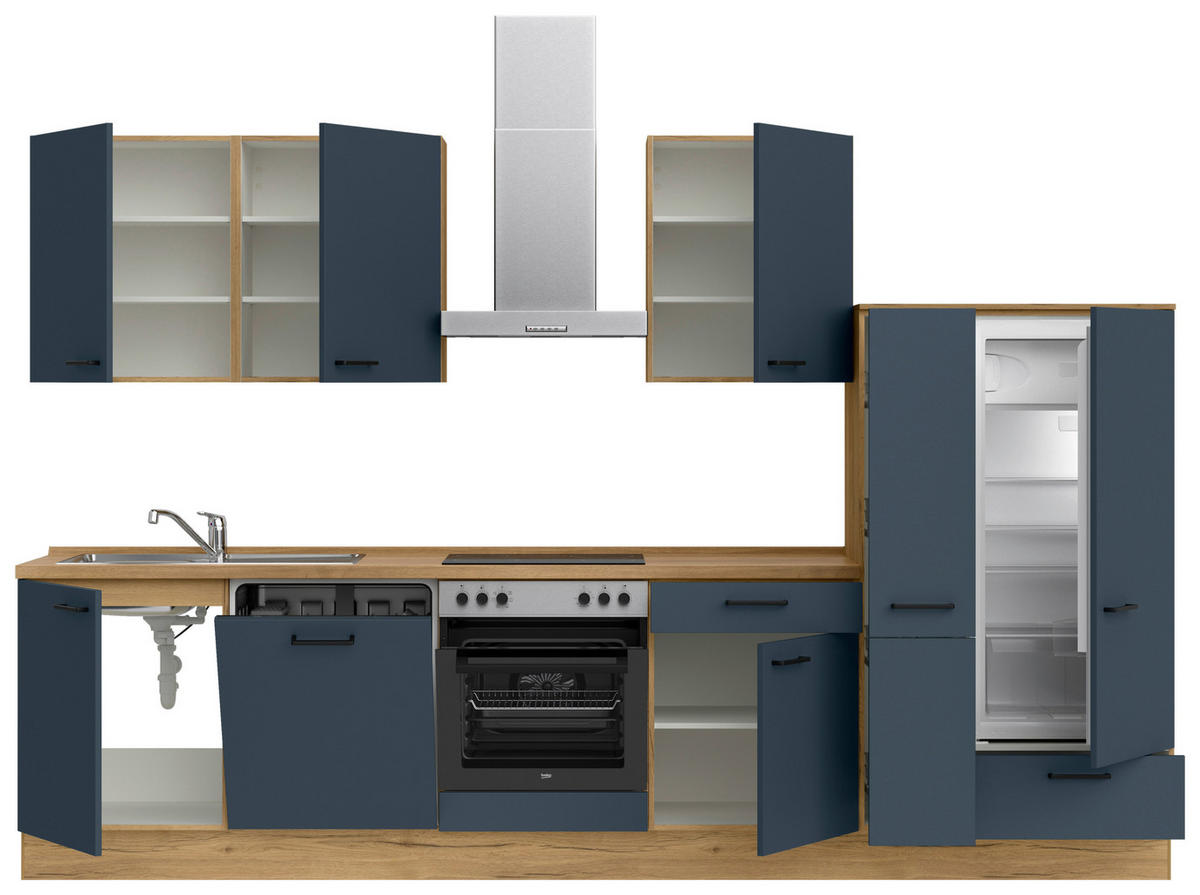 KÜCHENBLOCK 330 cm   in Eichefarben, Dunkelblau  - Eichefarben/Schwarz, MODERN, Holzwerkstoff/Metall (330cm) - Nobilia