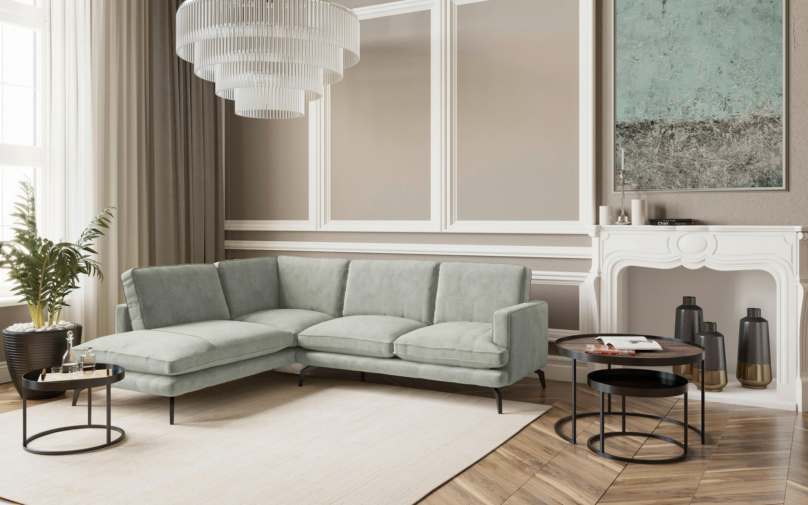 ECKSOFA in Flachgewebe Hellgrau  - Hellbraun/Hellgrau, Design, Textil/Metall (202/250cm) - Livetastic