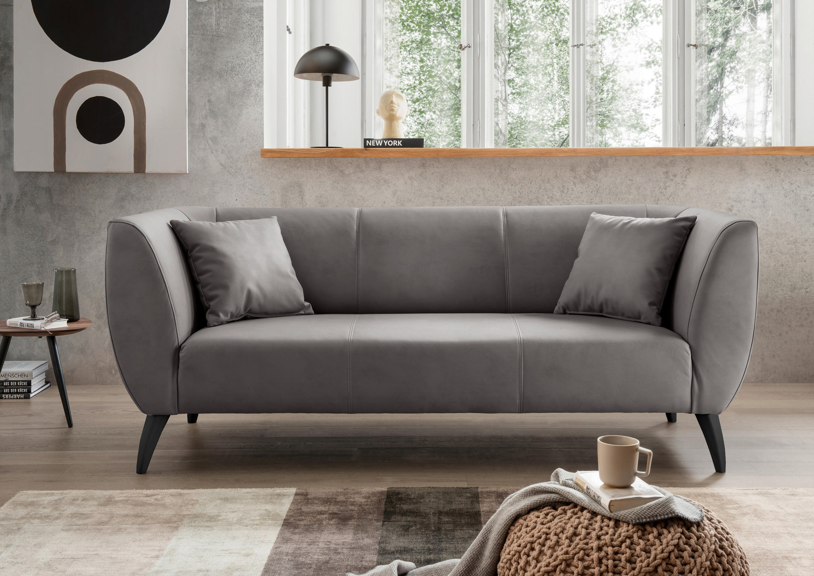 3-SITZER-SOFA in Lederlook Anthrazit - Anthrazit/Schwarz, Modern, Holz/Textil (208/83/88cm) - Livetastic