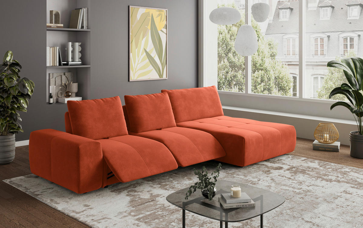 ECKSOFA in Velours Terracotta  - Terracotta/Schwarz, Design, Kunststoff/Textil (347/174cm) - Xora