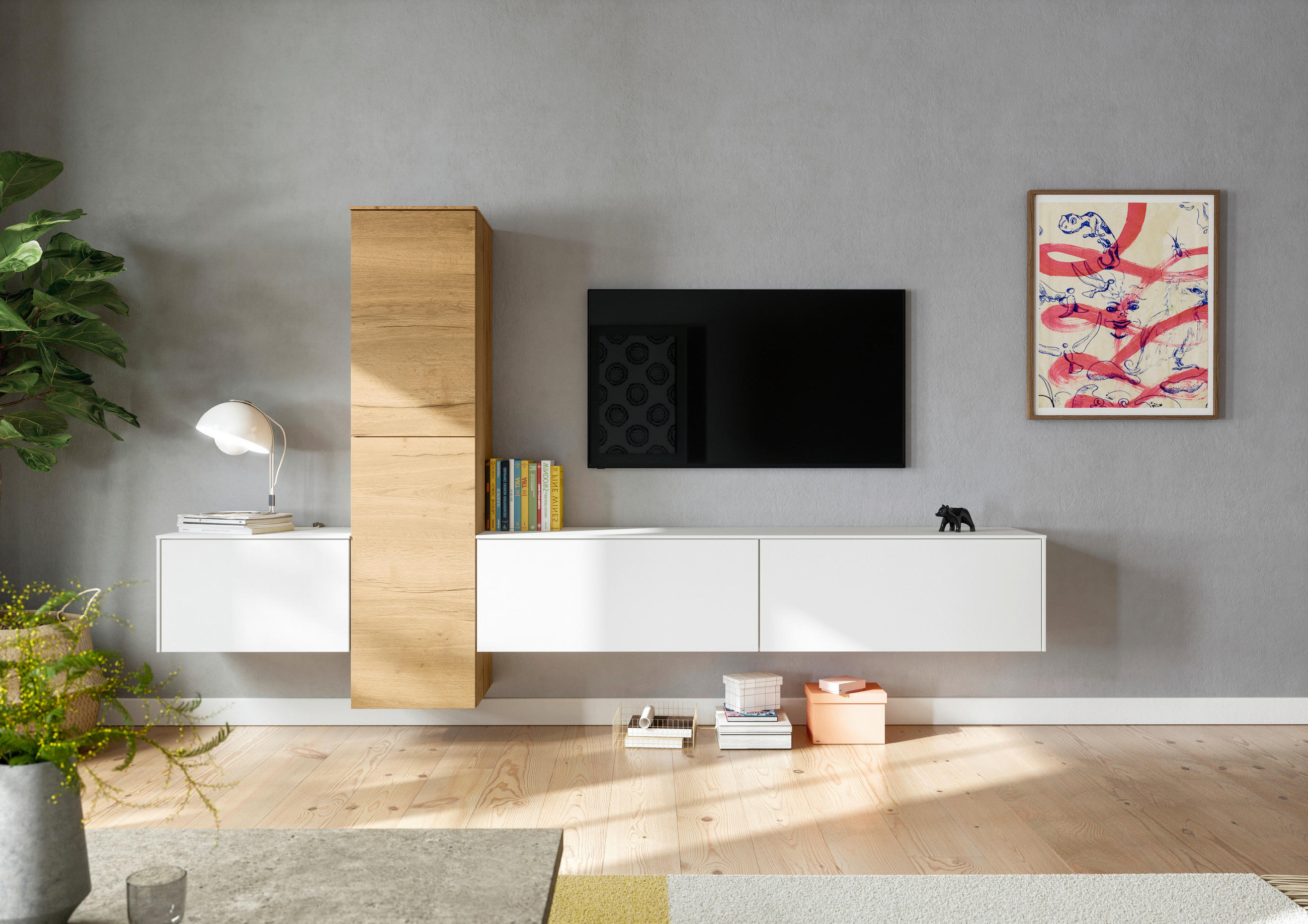 WOHNWAND  in Weiß, Eichefarben  282/160/37 cm  - Eichefarben/Weiß, Design, Holzwerkstoff (282/160/37cm) - Celina Home