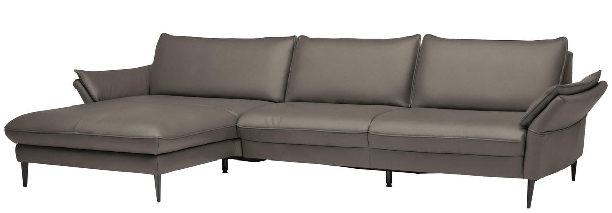 ECKSOFA in Echtleder Graubraun  - Graubraun/Schwarz, Design, Leder/Metall (172/334cm) - Valdera