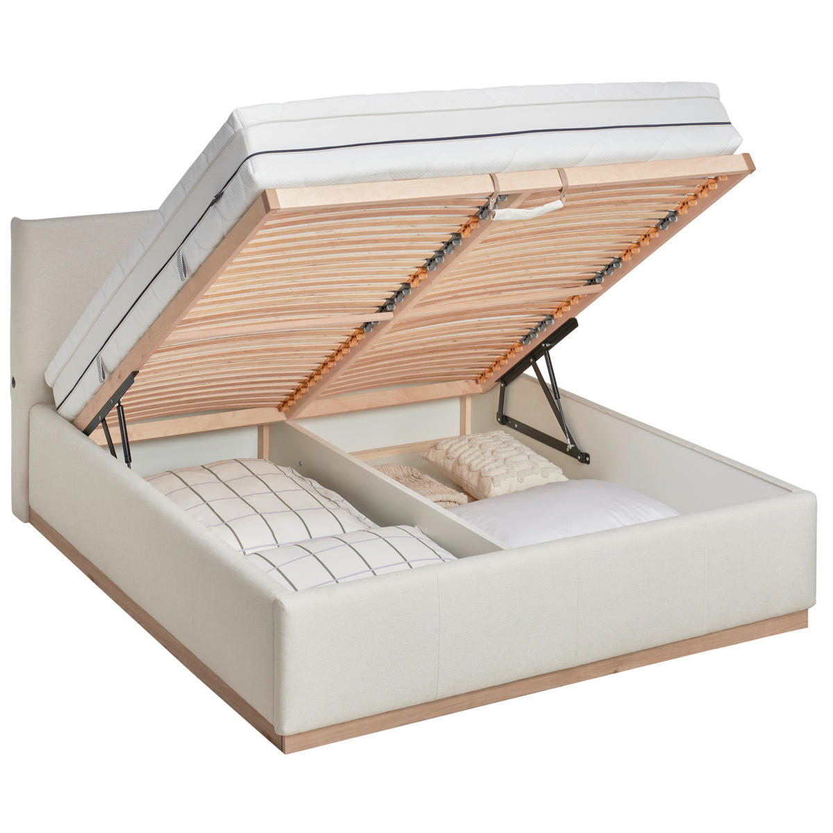 POLSTERBETT Beleuchtung, Lattenrost, Bettkasten Beige, Hickory 180/200 cm  - Birkefarben/Beige, Design, Holz/Holzwerkstoff (180/200cm) - Lomoco