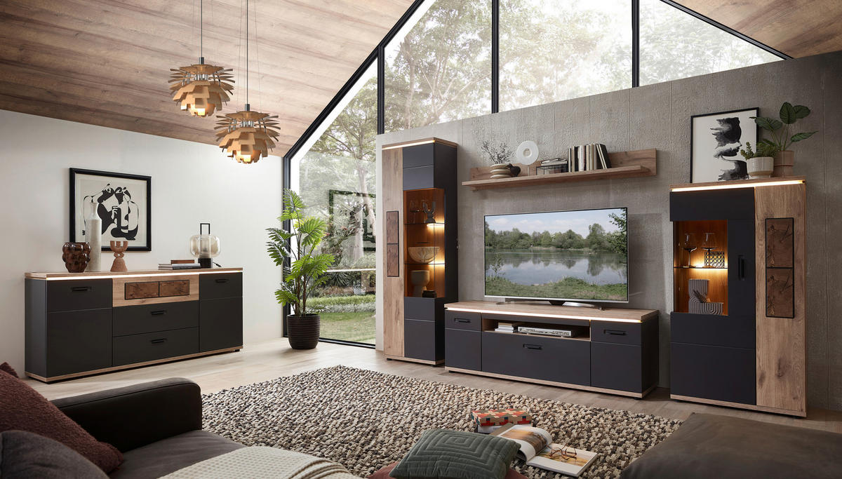 WOHNWAND  in Graphitfarben, Eichefarben 325/202/47 cm  - Eichefarben/Graphitfarben, Modern, Glas/Holzwerkstoff (325/202/47cm) - Stylife