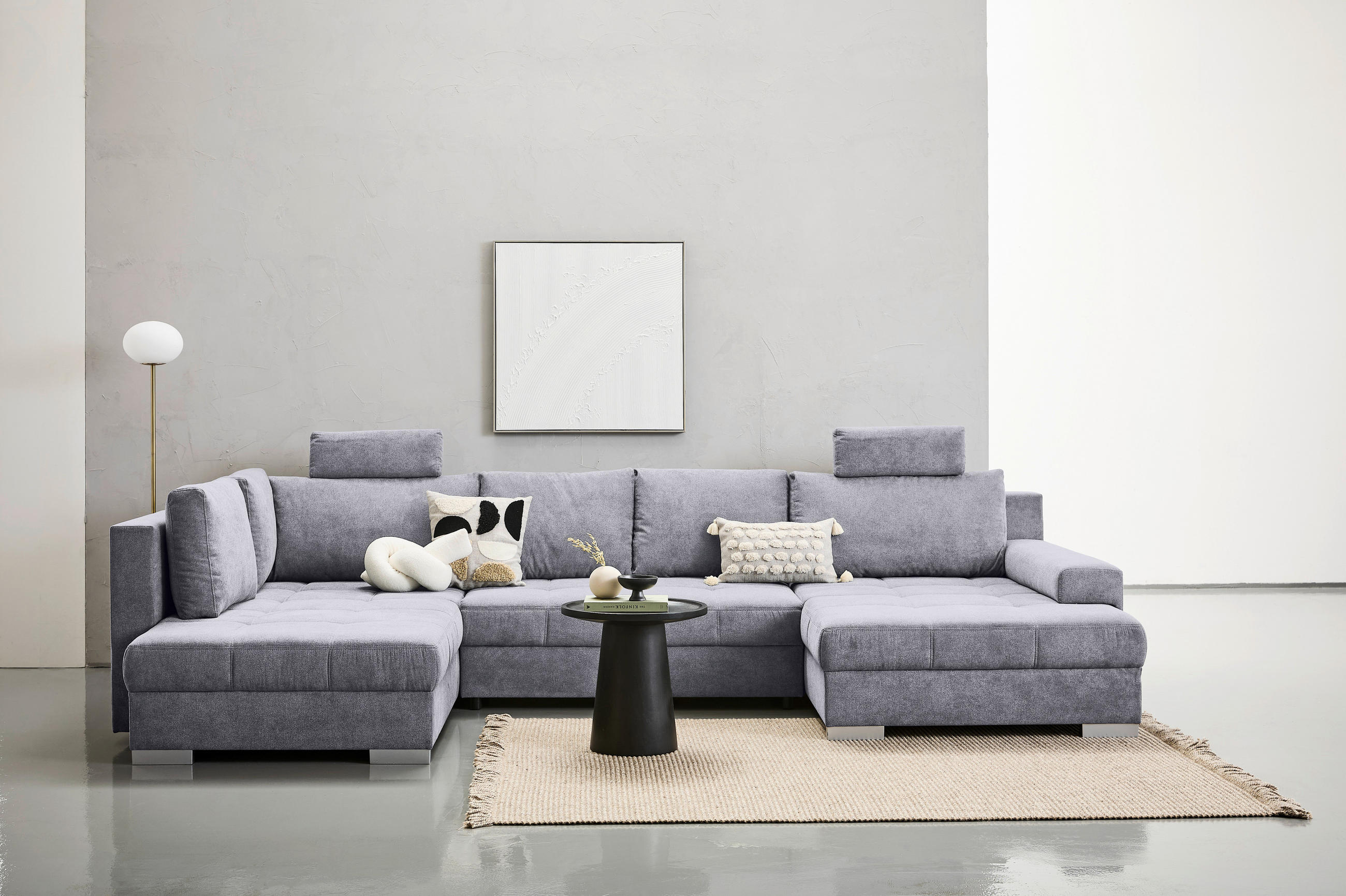 WOHNLANDSCHAFT in Velours Grau  - Chromfarben/Grau, Konventionell, Kunststoff/Textil (198/363/170cm) - Hom`in