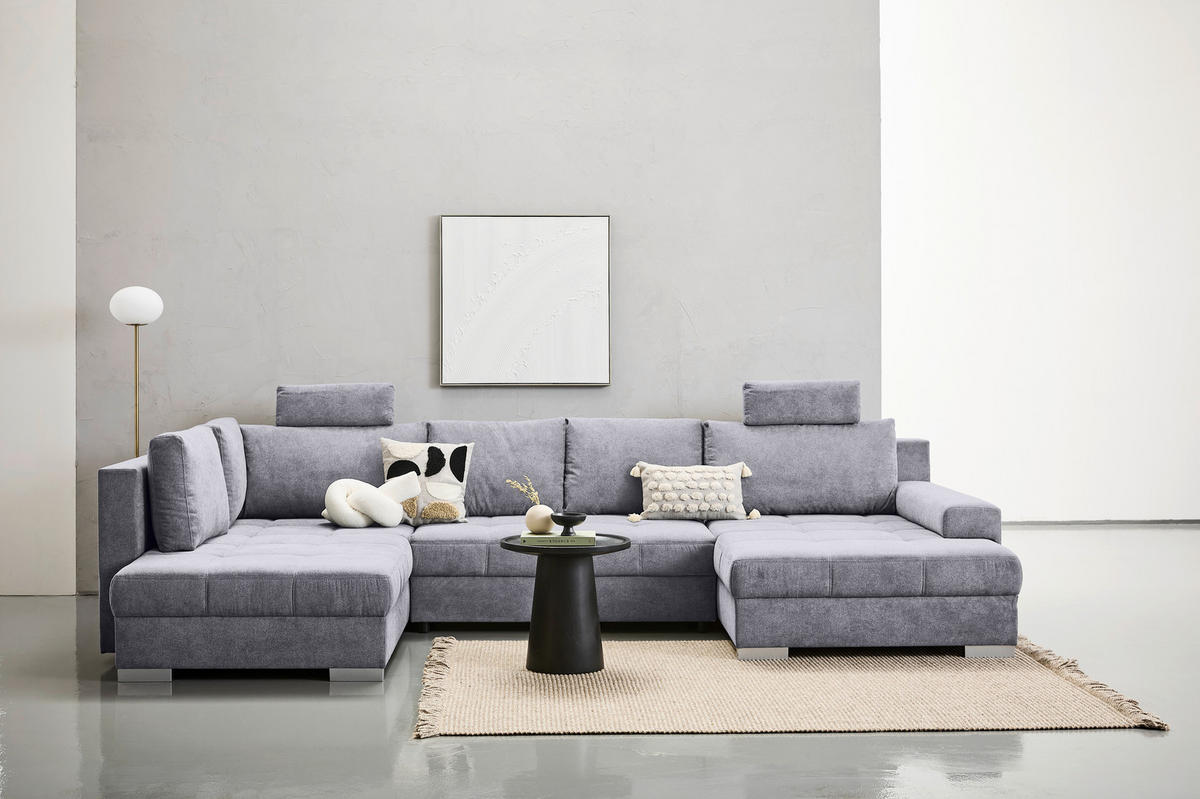 WOHNLANDSCHAFT in Velours Grau  - Chromfarben/Grau, Konventionell, Kunststoff/Textil (198/363/170cm) - Hom`in