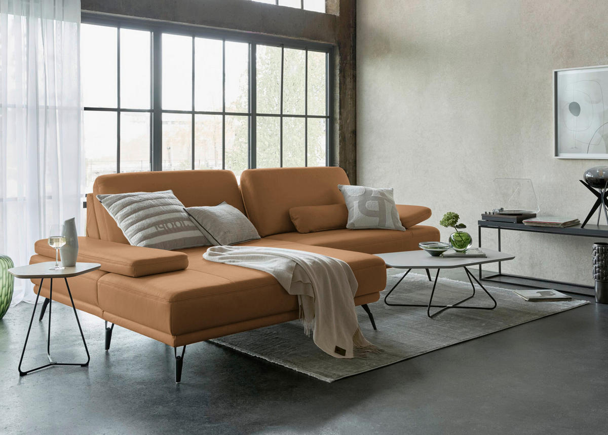 ECKSOFA Echtleder Hellbraun  - Hellbraun/Schwarz, Konventionell, Leder/Metall (180/301cm) - Joop!