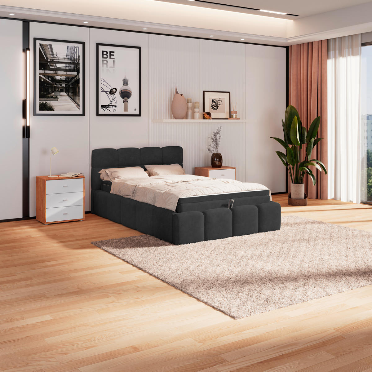 POLSTERBETT 120/200 cm,  in Schwarz, Matratze, Bettkasten, H3 = fest  - Schwarz/Weiß, Trend, Kunststoff/Textil (120/200cm)