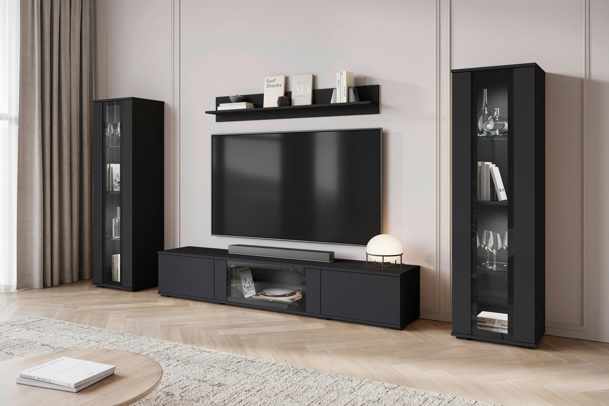 WOHNWAND 4-teilig  in Schwarz  262/141,9/33 cm  - Schwarz, Trend, Glas/Holzwerkstoff (262/141,9/33cm) - Livetastic