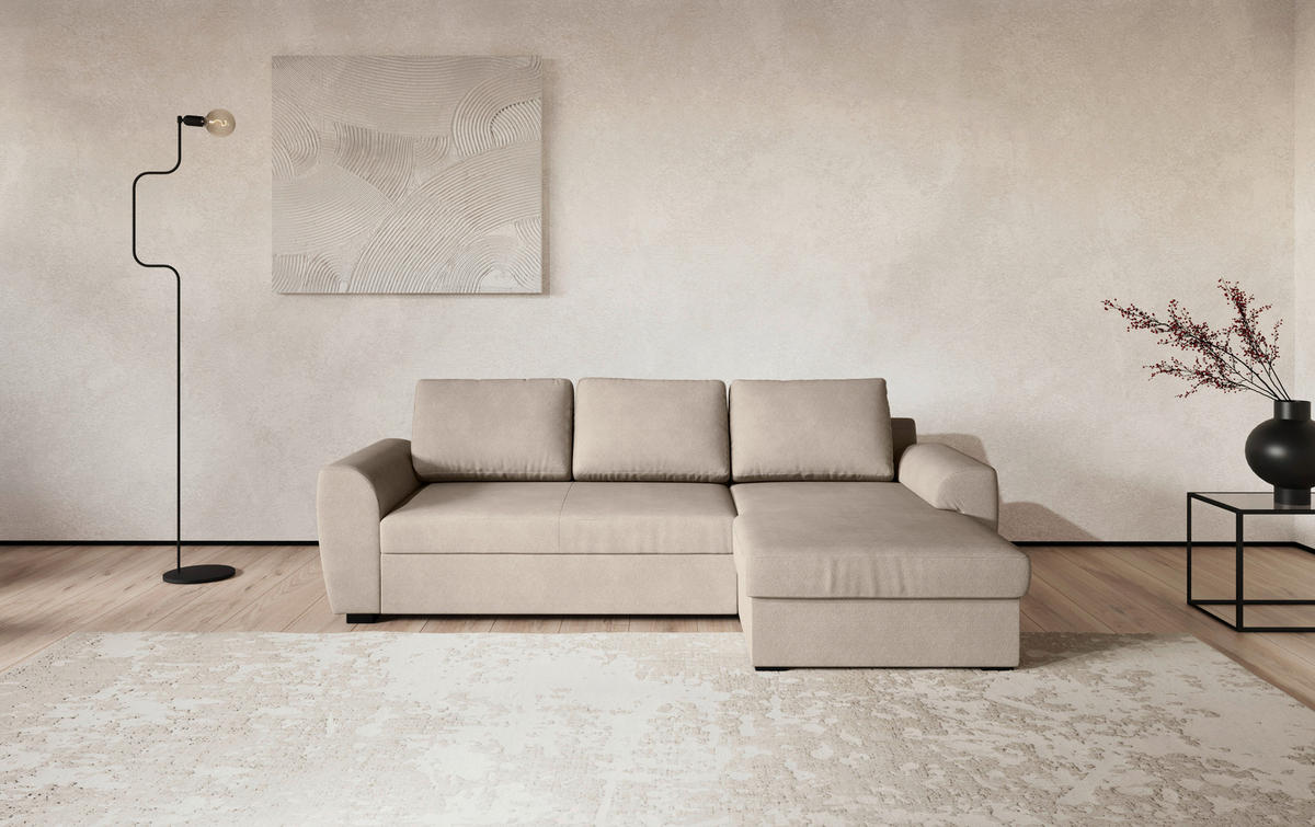 ECKSOFA Chenille Naturfarben  - Schwarz/Naturfarben, Trend, Kunststoff/Textil (253/154cm) - MID.YOU