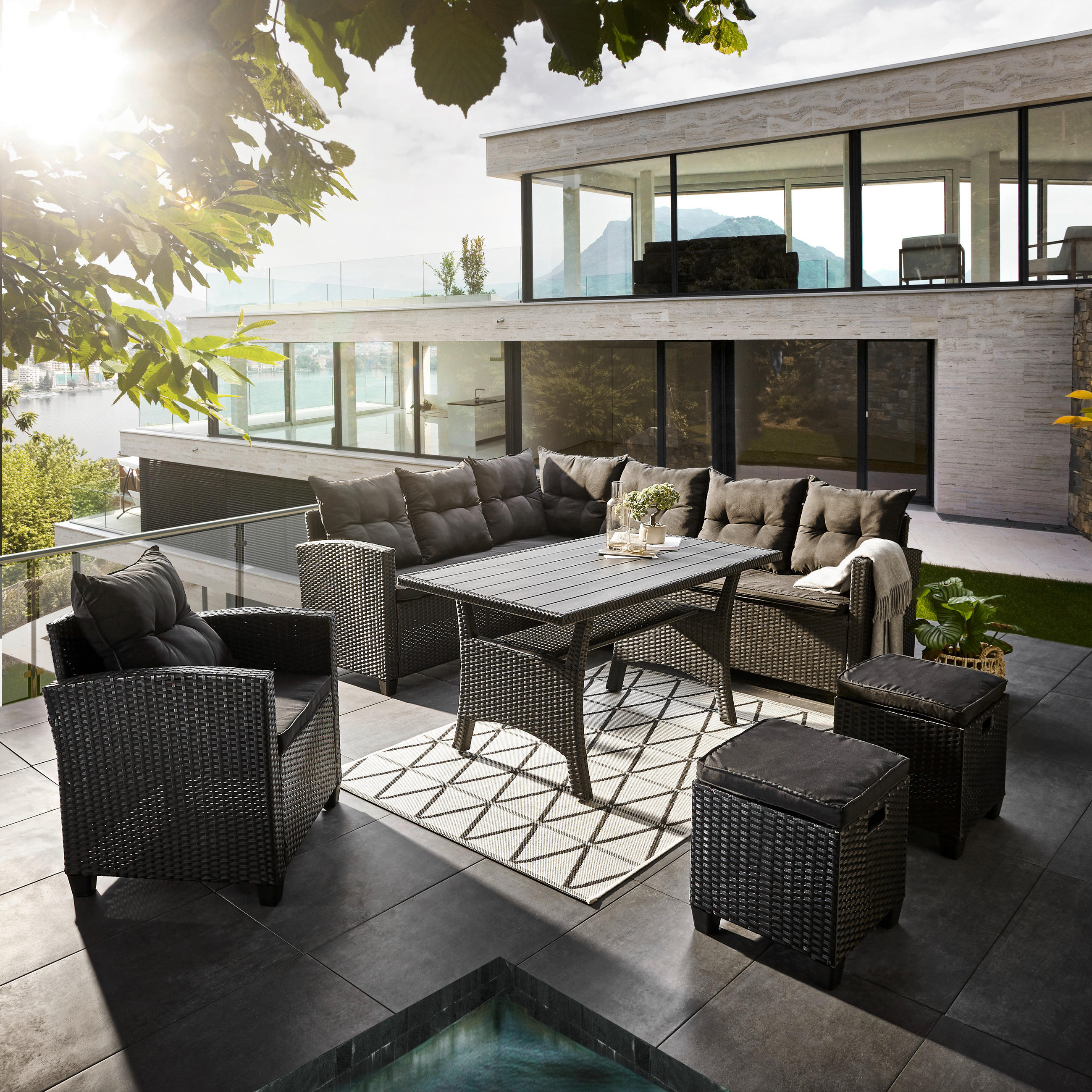 DINING-LOUNGESET 176/232 cm Stahl  - Anthrazit/Schwarz, LIFESTYLE, Kunststoff/Textil (176/232cm) - Ambia Garden