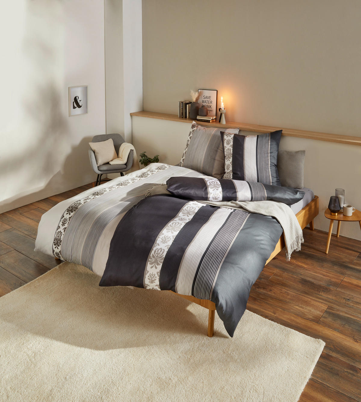 BETTWÄSCHESET Makosatin 160/210 cm  100 cm/65 cm  - Weiss/Schwarz, Lifestyle, Naturmaterialien/Textil (160/210cm) - Joop!