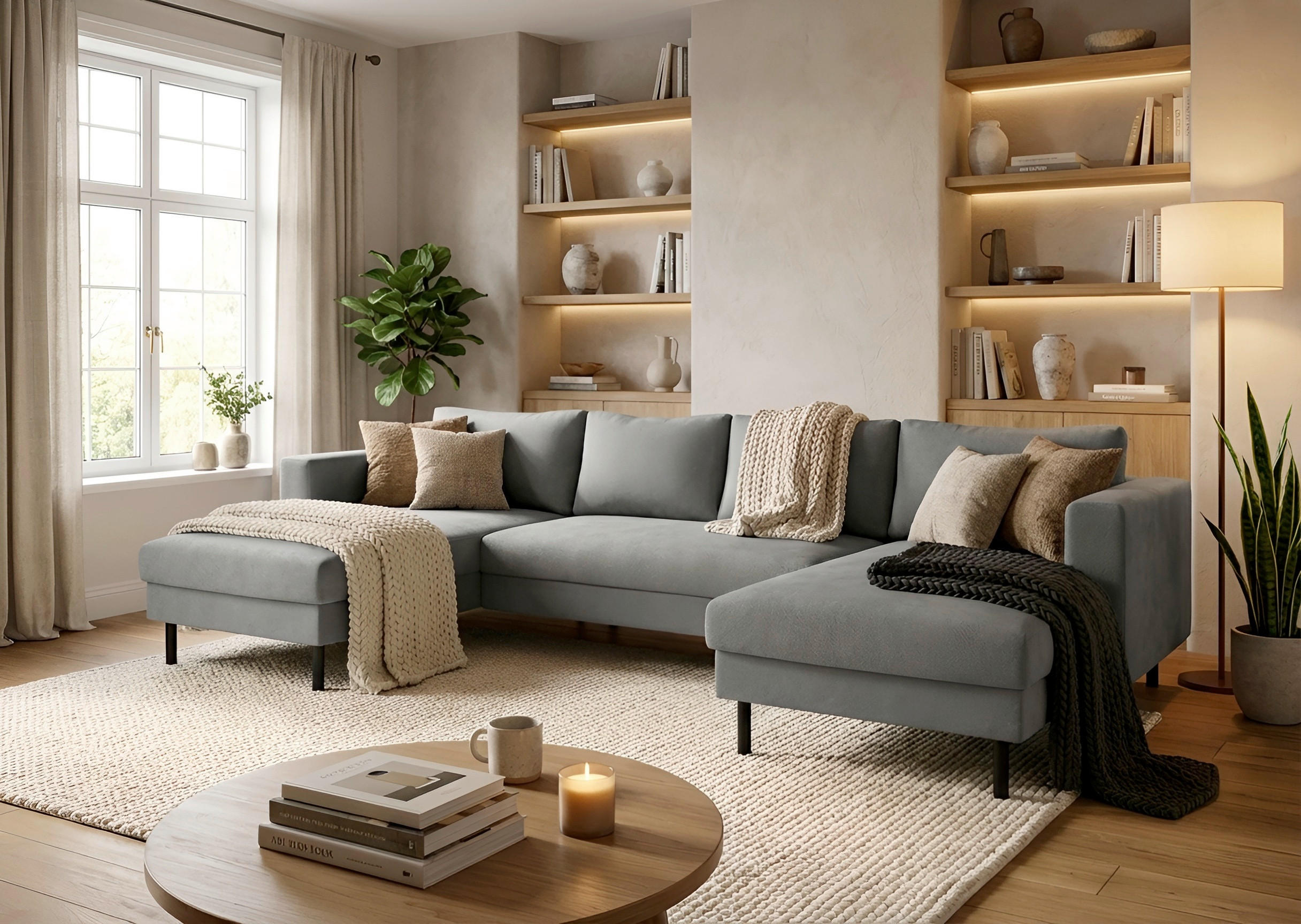 WOHNLANDSCHAFT Anthrazit Struktur  - Anthrazit/Schwarz, MODERN, Textil/Metall (161/306/161cm) - Trendmanufaktur