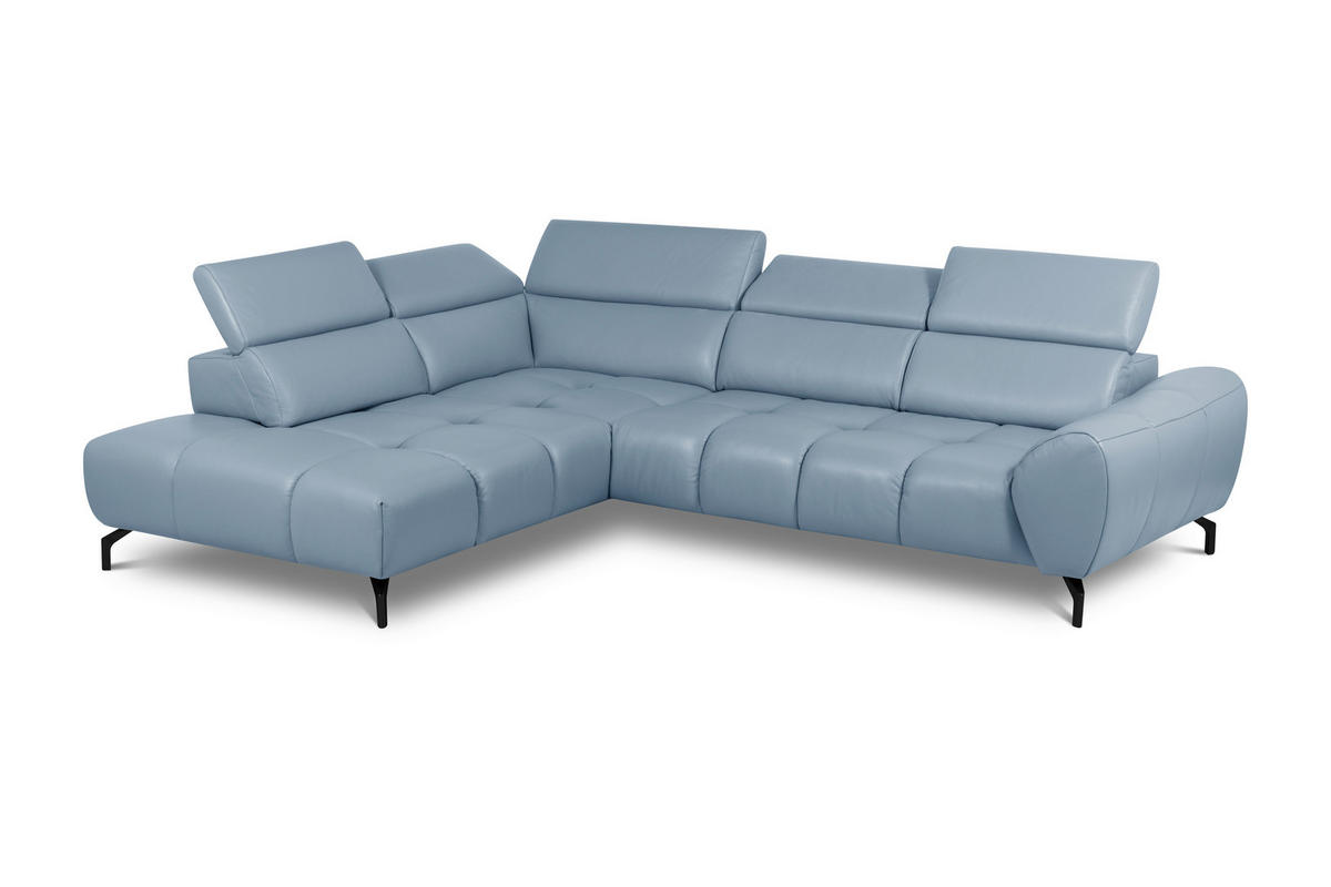 ECKSOFA AERO Graublau Echtleder Rücken echt, Kopfteilverstellung  - Graublau/Schwarz, MODERN, Leder/Metall (294/224cm) - Celina Home
