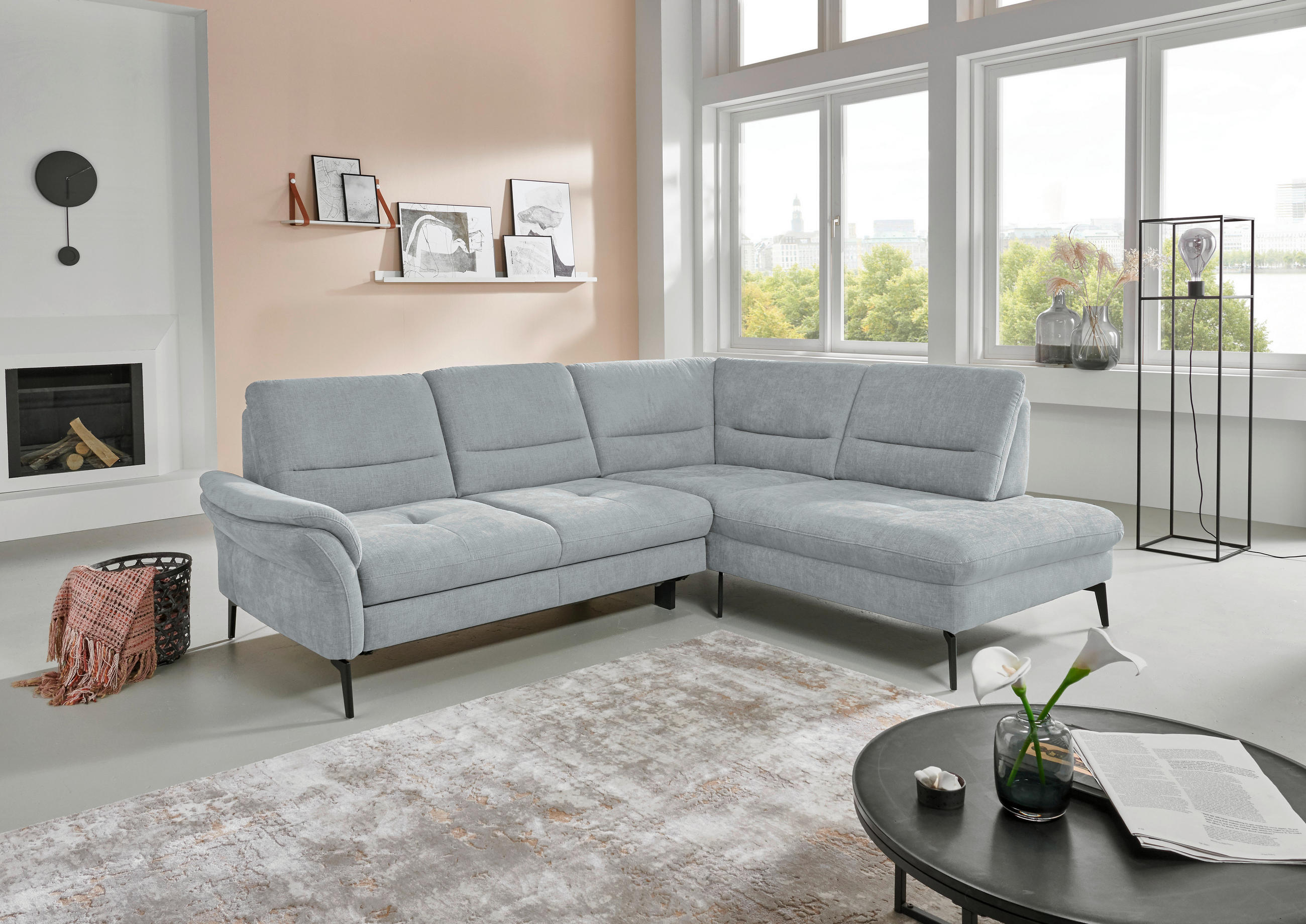 ECKSOFA in Webstoff Hellgrau  - Hellgrau/Schwarz, Design, Textil/Metall (256/206cm) - Beldomo System