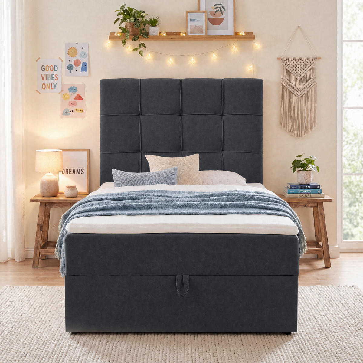 BOXBETT 100/200 cm,  in Anthrazit, Matratze, gepolstertes Kopfteil, Bettkasten, Topper, H3 = fest  - Anthrazit/Schwarz, Basics, Kunststoff/Textil (100/200cm) - Chameo