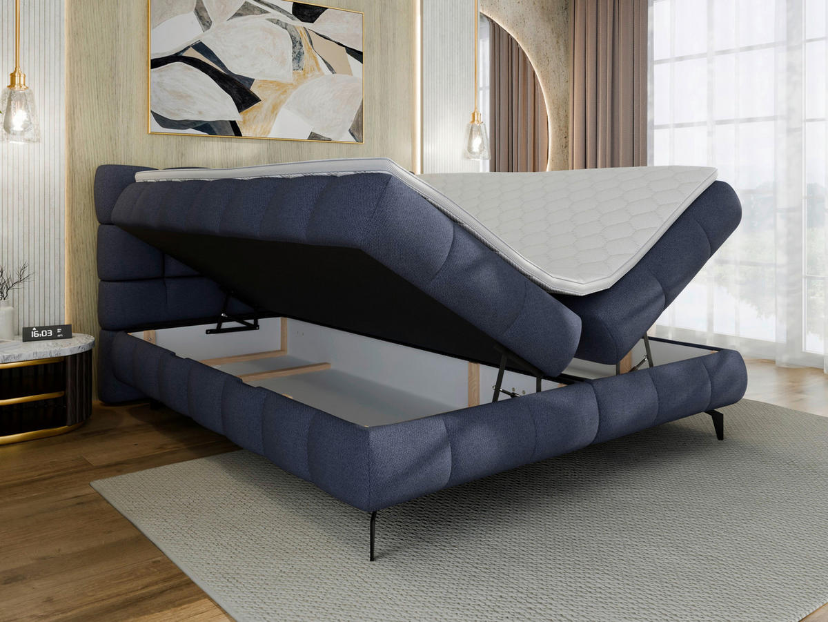 BOXBETT 160/200 cm,  in Blau, Bettkasten, Topper, H3 + H3 = fest  - Blau/Schwarz, Trend, Textil/Metall (160/200cm) - Esposa