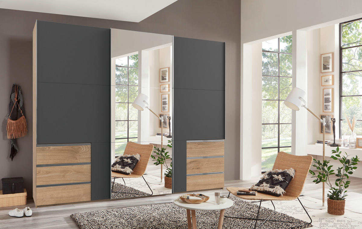 SCHWEBETÜRENSCHRANK 300/236/65 cm 3-türig Graphitfarben, Plankeneiche  - Chromfarben/Plankeneiche, MODERN, Holzwerkstoff (300/236/65cm) - MID.YOU