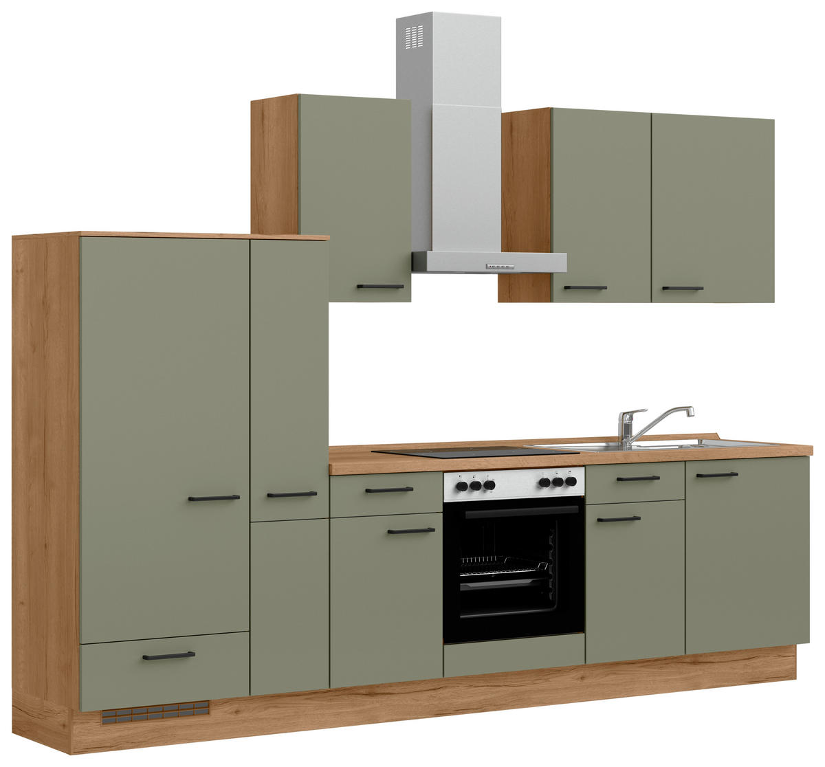 KÜCHENBLOCK Senso 300 cm  in Eichefarben, Olivgrün  - Eichefarben/Schwarz, MODERN, Holzwerkstoff/Metall (300cm) - Nobilia