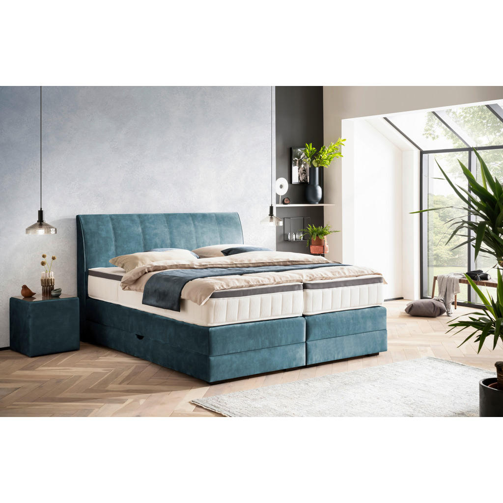 Thumbnail - Novel Boxspringbett, Petrol, Textil, Wenge, H3 + H4, 7-Zonen, Höhe ca. 27 cm, 160x200 cm, Bettkasten, Federkernmatratze,...