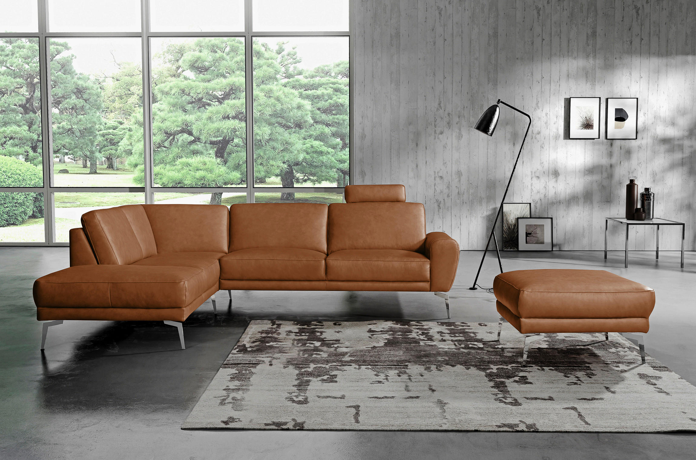 P & B Ecksofa Spring Chrom, Cognac 273x250 cm