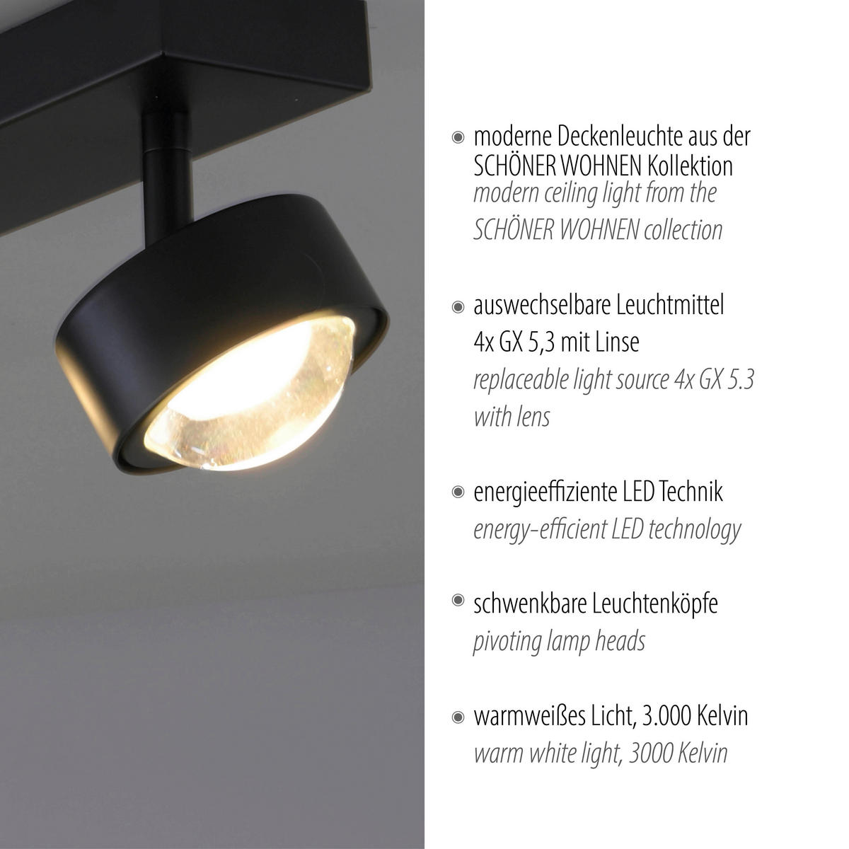 LED-DECKENLEUCHTE SW KULU 60/12,5/12,5 cm   - Schwarz, Design, Kunststoff/Metall (60/12,5/12,5cm) - Schöner Wohnen