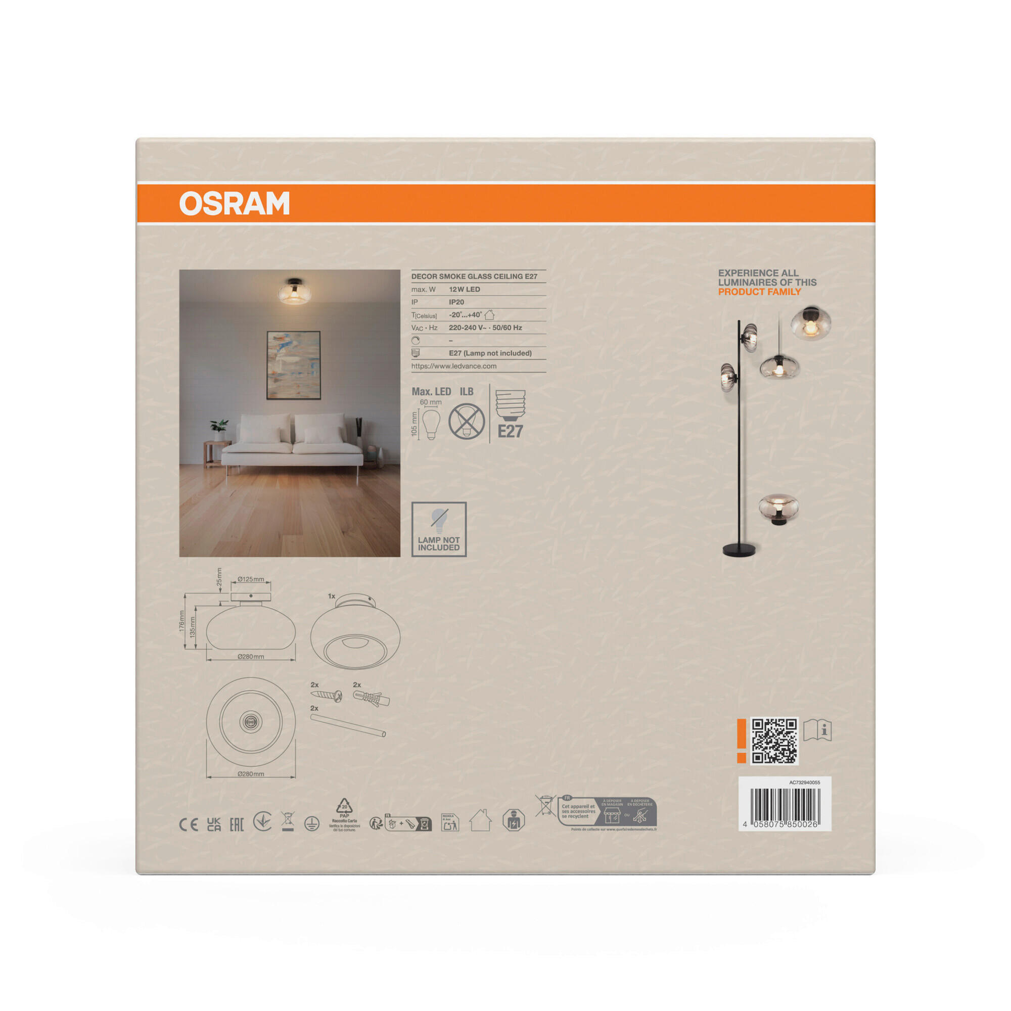DECKENLEUCHTE  28/17,6 cm    - Schwarz, Design, Glas/Metall (28/17,6cm) - Osram