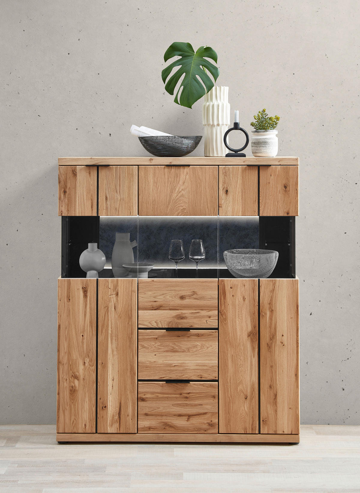 HIGHBOARD  122/144/42 cm 2 Schublade(n)  - Eiche Bianco/Anthrazit, Natur, Glas/Holz (122/144/42cm) - Linea Natura