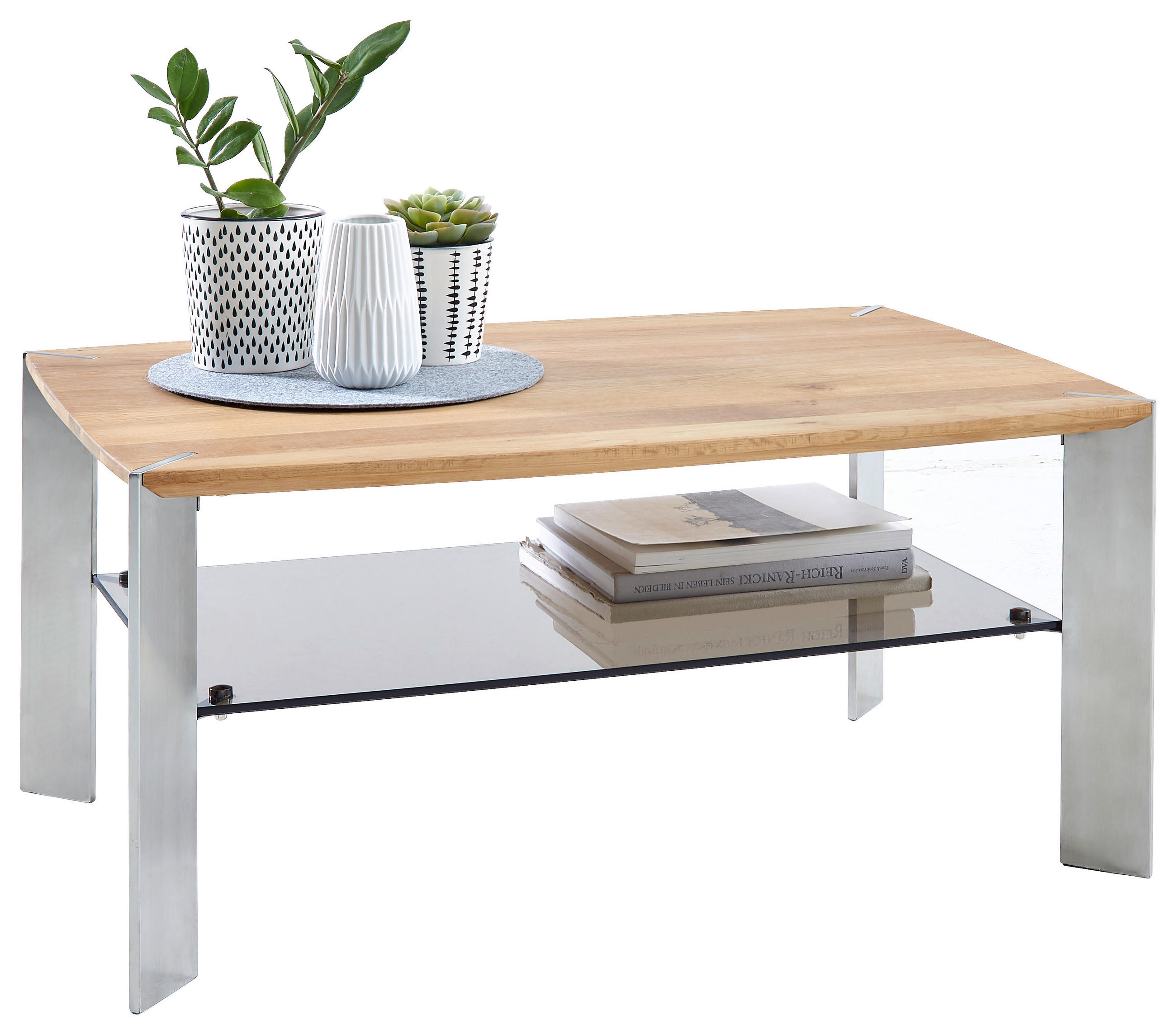 COUCHTISCH in Holz, Metall, Glas 90/60/40 cm  - Edelstahlfarben/Eichefarben, KONVENTIONELL, Glas/Holz (90/60/40cm) - Novel