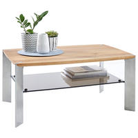 COUCHTISCH Eiche massiv Sicherheitsglas 90/60/40 cm rechteckig Braun, Eichefarben, Edelstahlfarben  - Edelstahlfarben/Eichefarben, KONVENTIONELL, Glas/Holz (90/60/40cm) - Linea Natura
