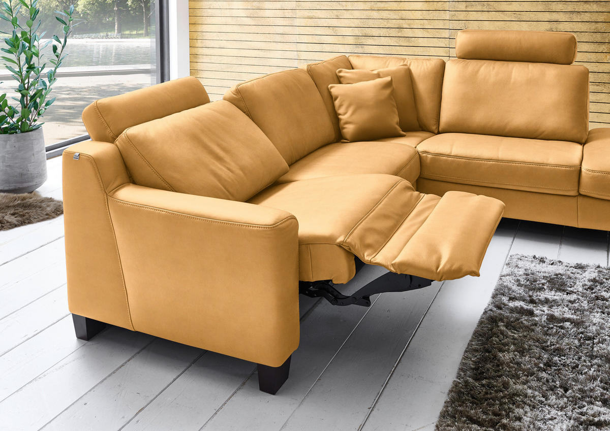 ECKSOFA in Echtleder Currygelb  - Currygelb/Eichefarben, Design, Leder/Holz (259/235cm) - Valdera