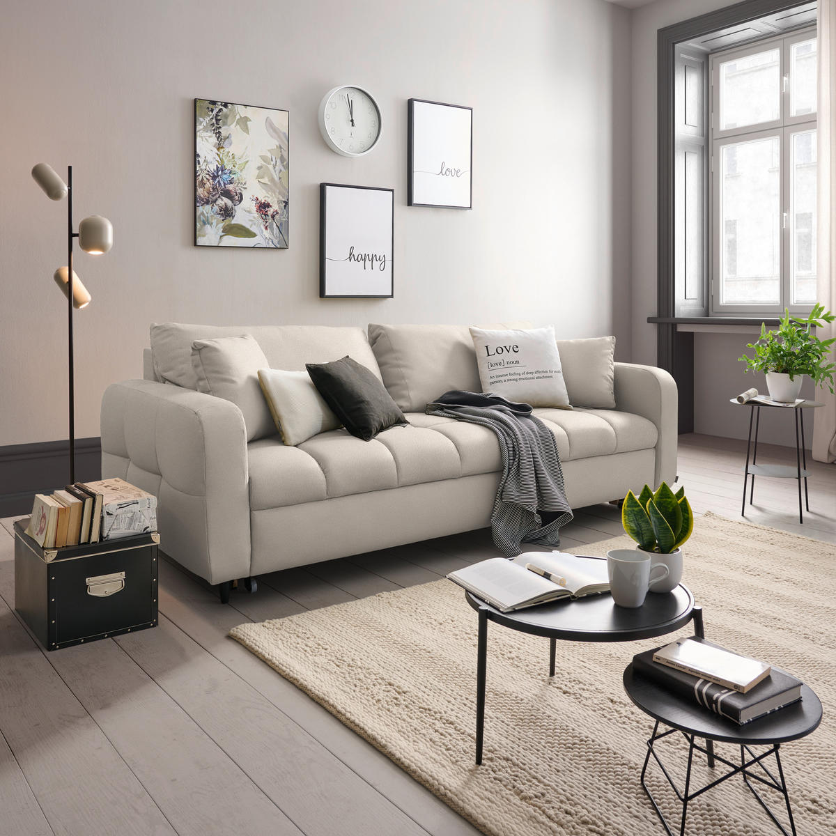SCHLAFSOFA Webstoff Beige Stoffauswahl, Bettfunktion erhältlich, Rücken echt, Armteil links, Armteil rechts  - Beige/Schwarz, Design, Holz/Textil (236/88/101cm) - Lomoco