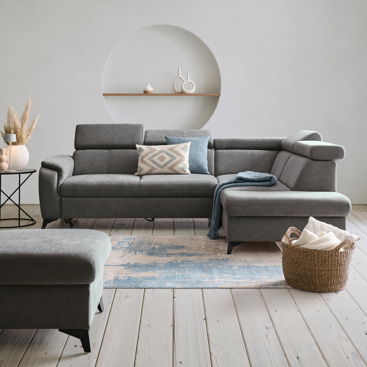 ECKSOFA in Chenille Anthrazit  - Anthrazit/Schwarz, Design, Textil/Metall (260/203cm) - Stylife