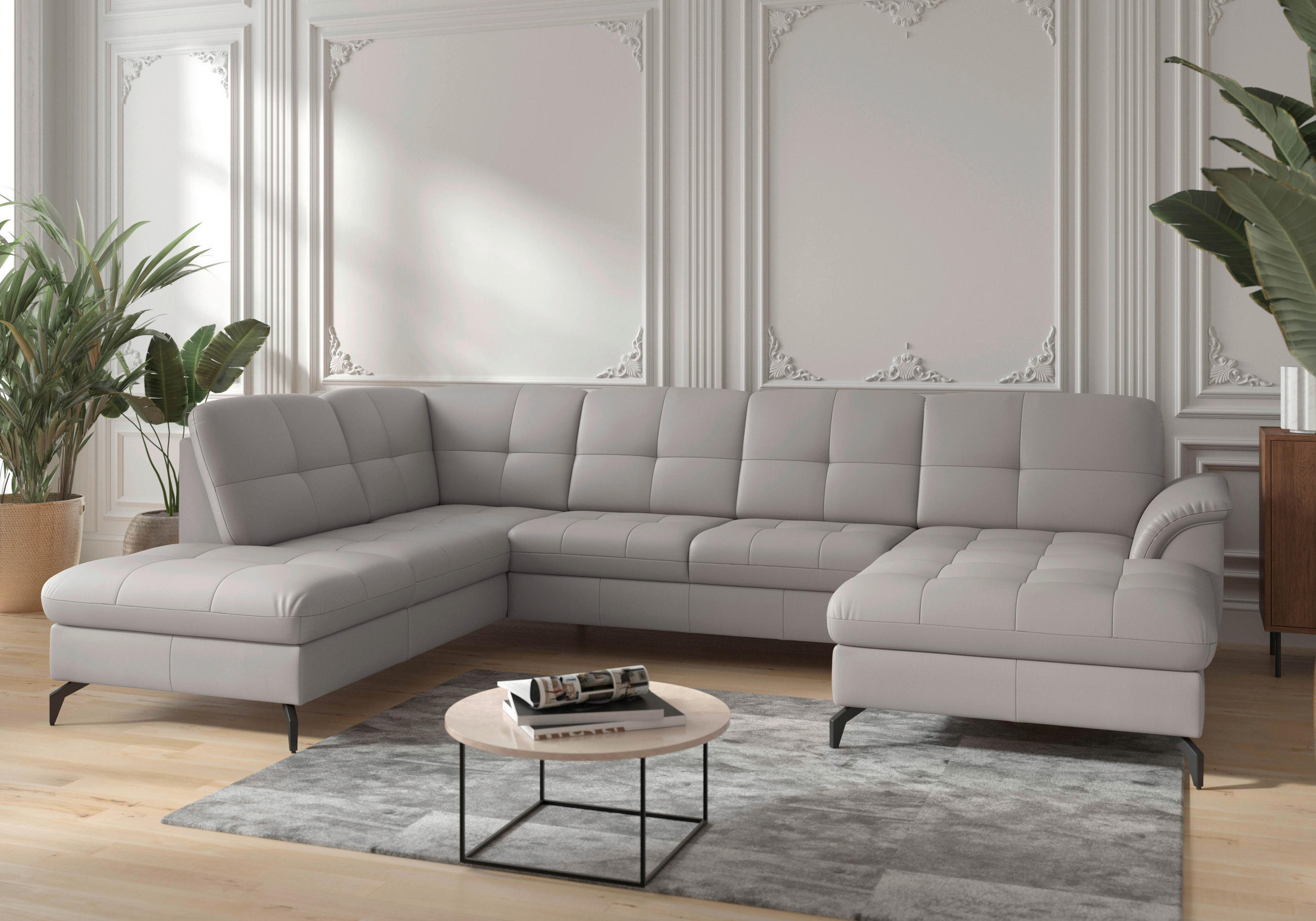 WOHNLANDSCHAFT Hellgrau Echtleder  - Hellgrau/Schwarz, MODERN, Leder/Metall (212/319/164cm) - Sit & More