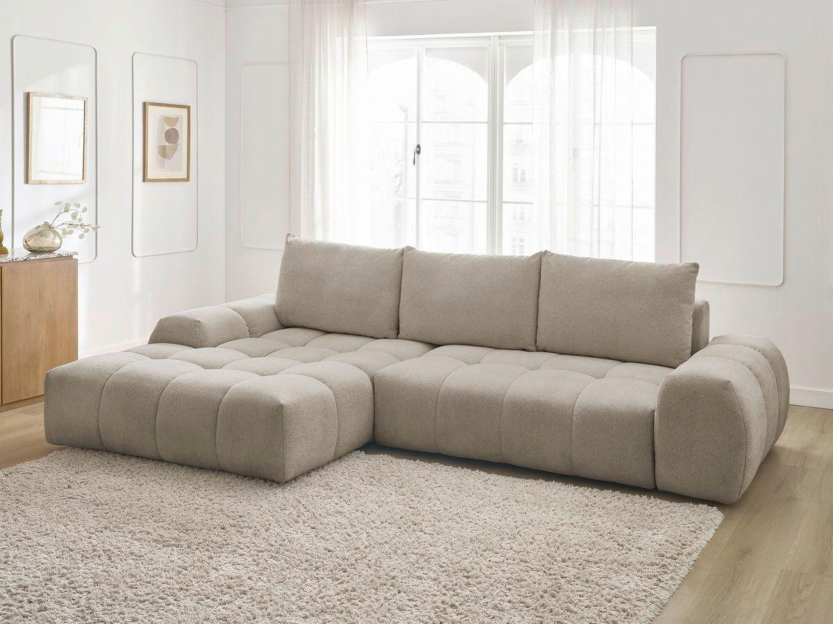 ECKSCHLAFSOFA EVEREST  mit Rücken echt, Armteil links, Armteil rechts Flachgewebe Taupe  - Taupe/Schwarz, MODERN, Kunststoff/Textil (180/318cm) - Livetastic