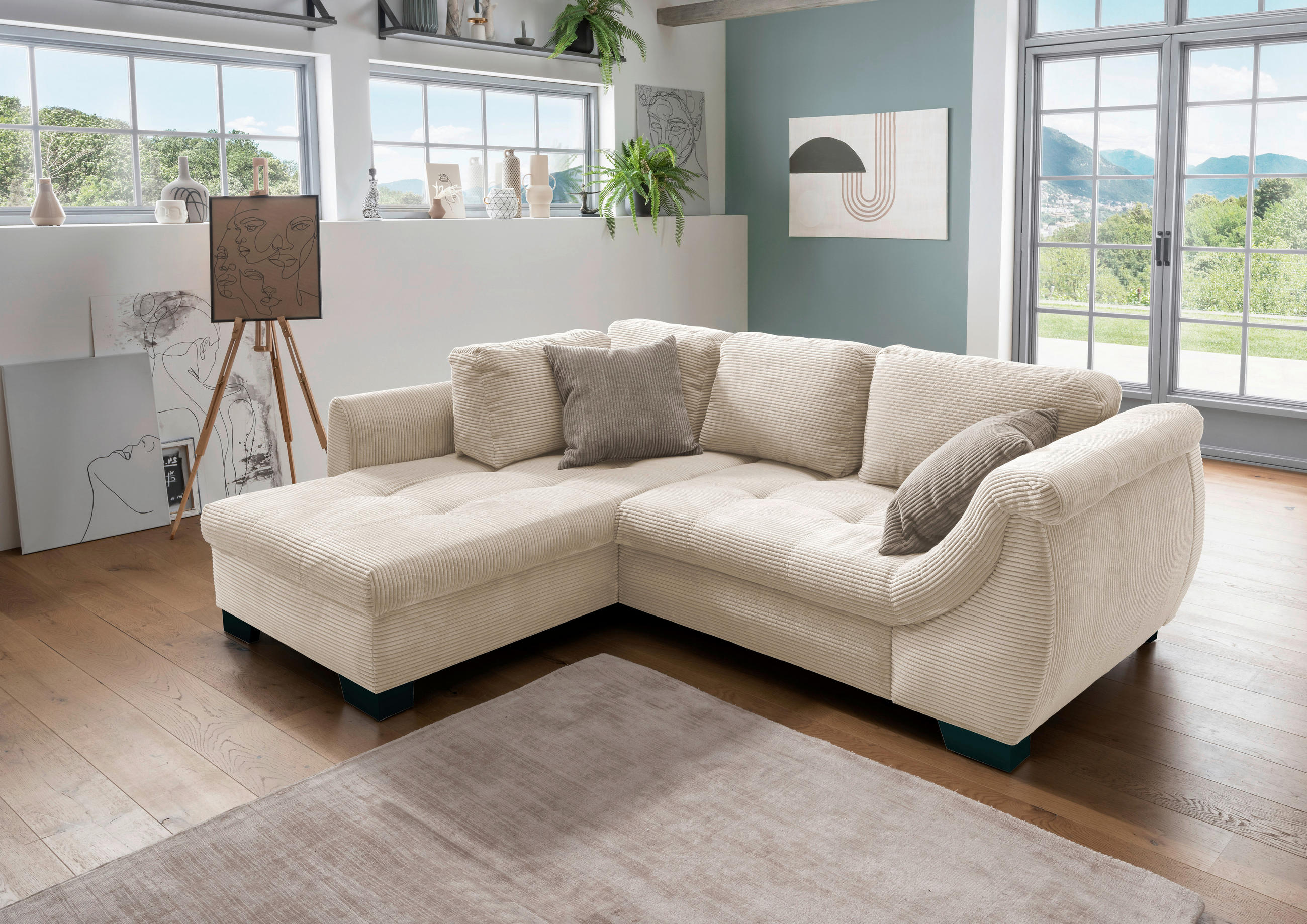 ECKSOFA in Cord Beige  - Beige/Graubraun, Design, Holz/Textil (190/250cm) - MID.YOU
