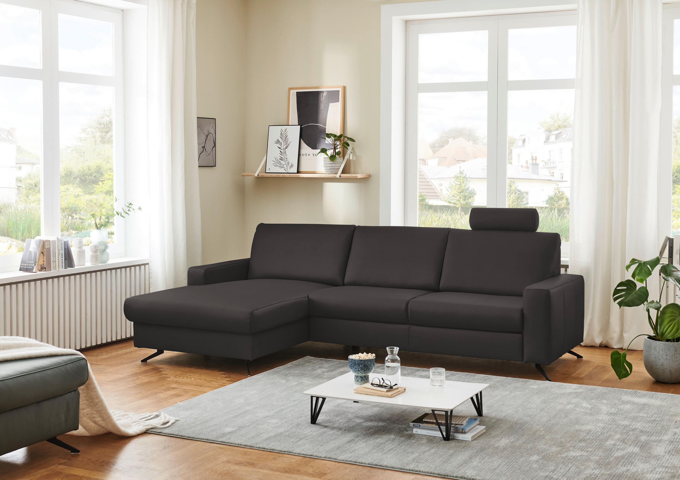 ECKSOFA in Echtleder Grau  165/267 cm  - Schwarz/Grau, Design, Leder/Metall (165/267cm) - Beldomo Premium