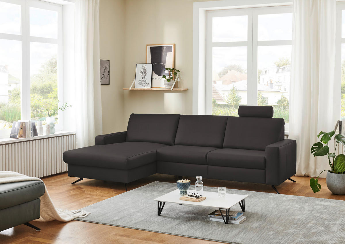 ECKSOFA in Echtleder Grau  165/267 cm  - Schwarz/Grau, Design, Leder/Metall (165/267cm) - Beldomo Premium