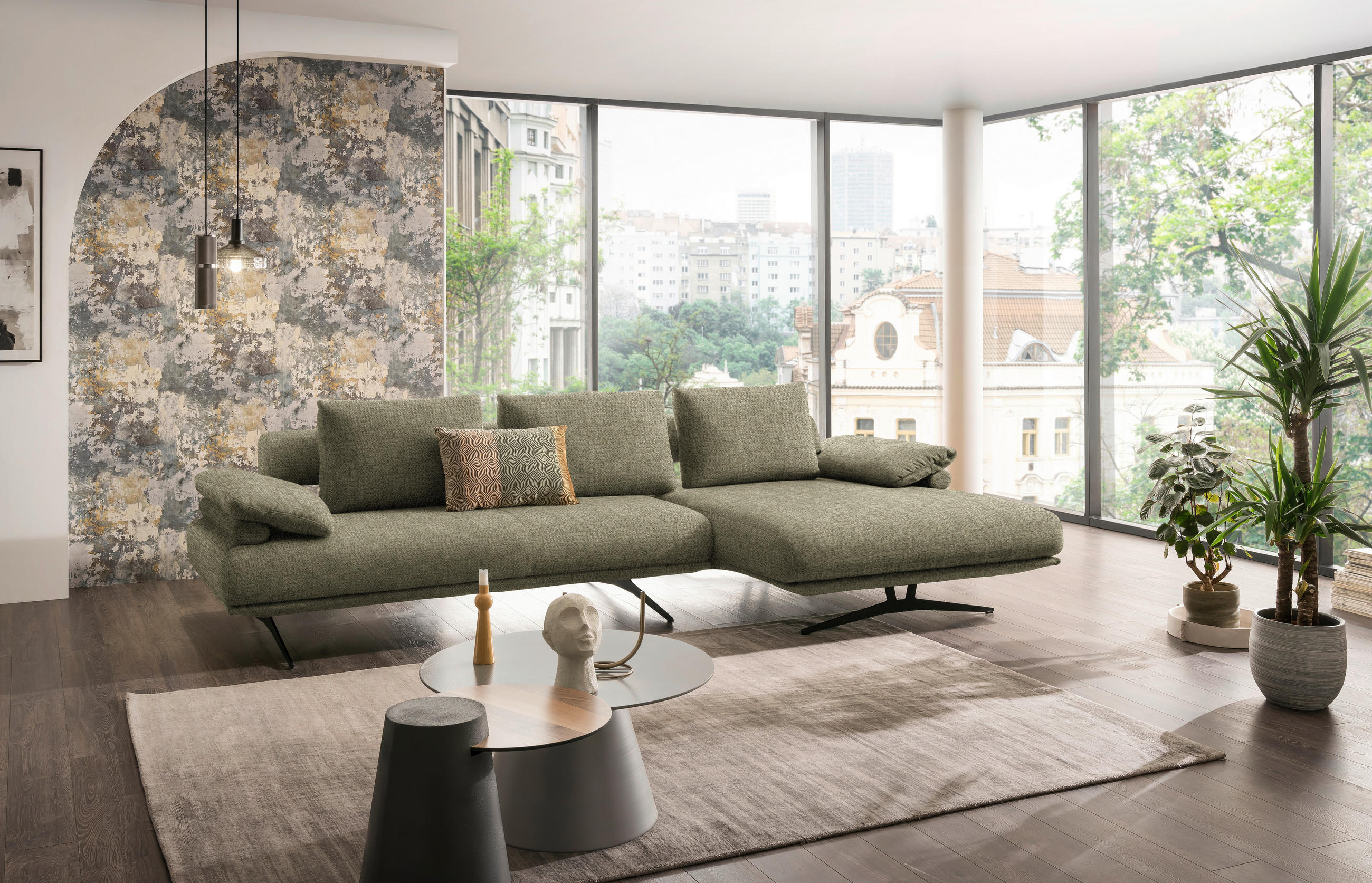 ECKSOFA in Chenille Hellgrün  - Schwarz/Hellgrün, Design, Textil/Metall (334/168cm) - Dieter Knoll