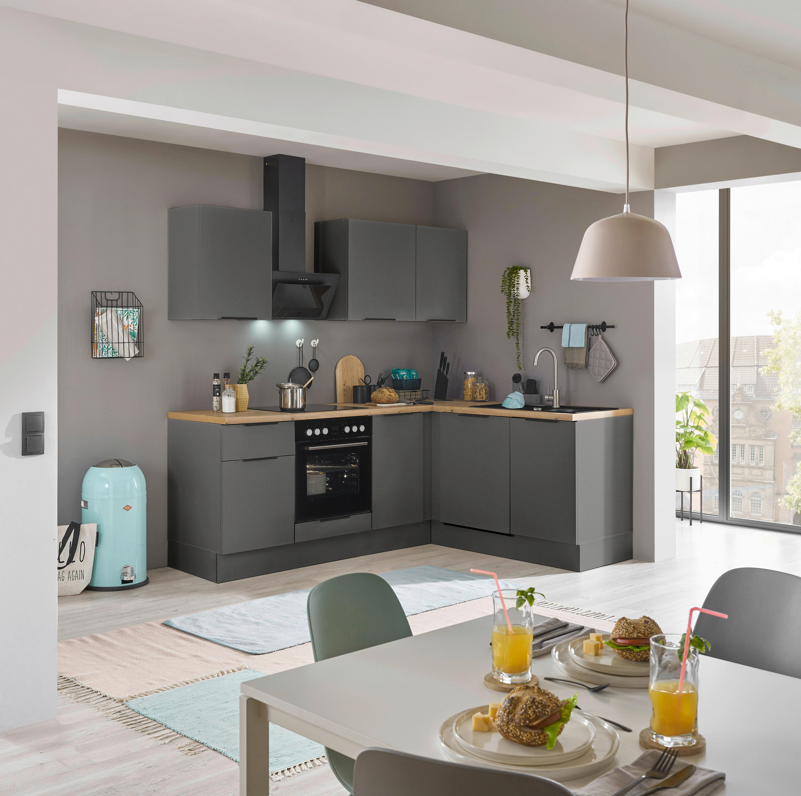 ECKKÜCHE 220/175 cm  in Graphitfarben  - Schwarz/Graphitfarben, Basics, Holzwerkstoff/Metall (220/175cm) - Carryhome