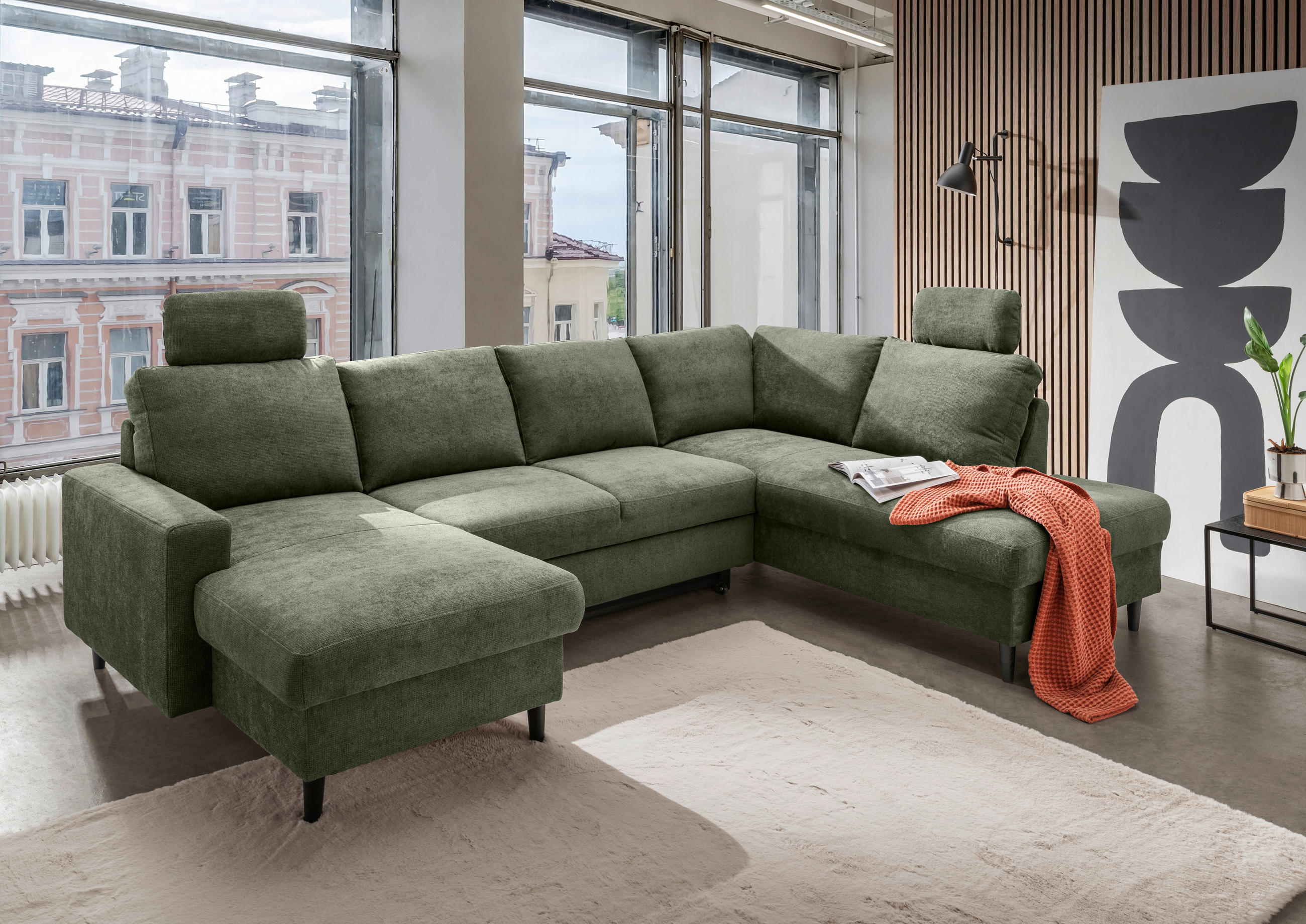 WOHNLANDSCHAFT Dunkelgrün Chenille  - Dunkelgrün/Schwarz, MODERN, Holz/Textil (153/305/200cm) - Livetastic