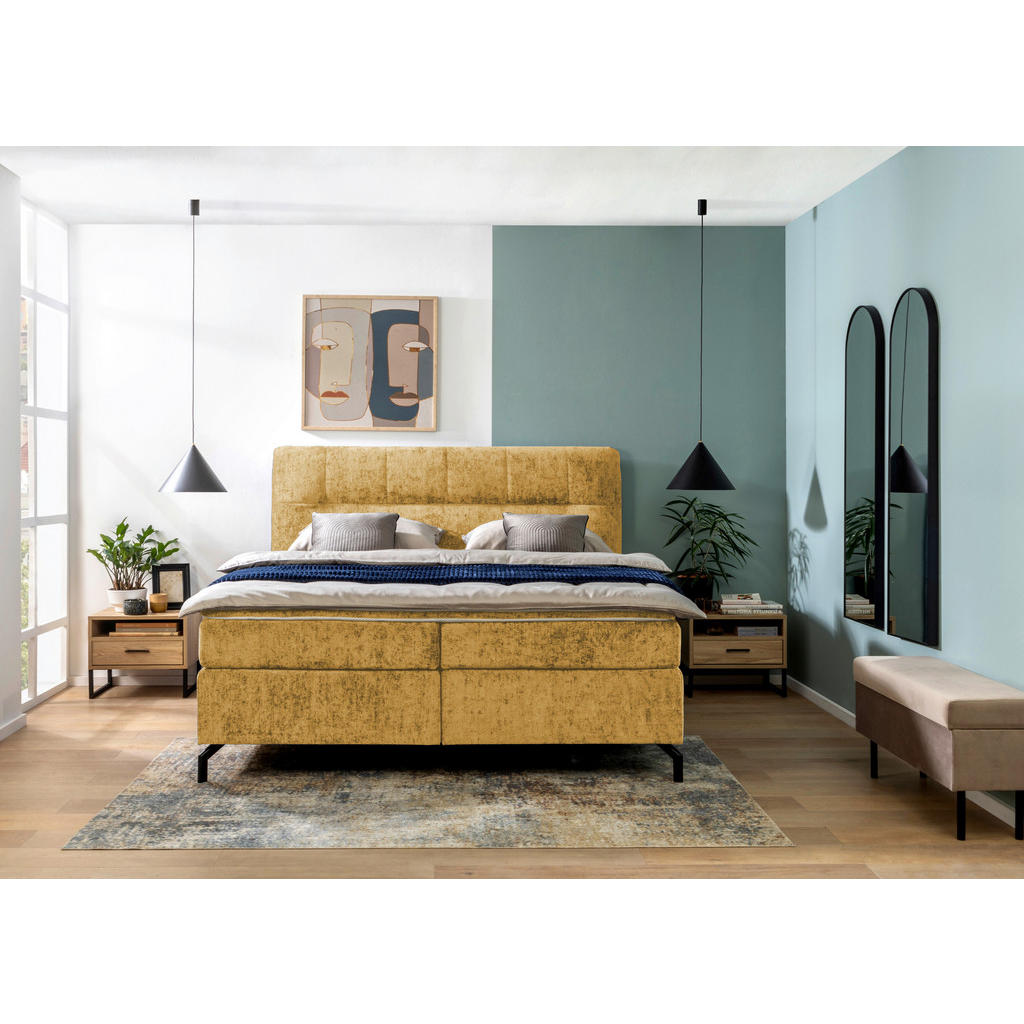 Thumbnail - Esposa Boxspringbett, Currygelb, Textil, H2, Höhe ca. 17 cm, 160x200 cm, Stoffauswahl, Topper durchgehend, Matratze in v...
