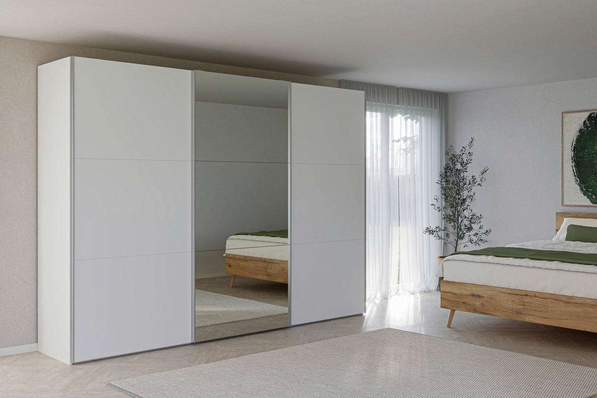 SCHWEBETÜRENSCHRANK 303/220/65 cm 3-türig Weiß  - Silberfarben/Weiß, Design, Glas/Holzwerkstoff (303/220/65cm) - Jutzler