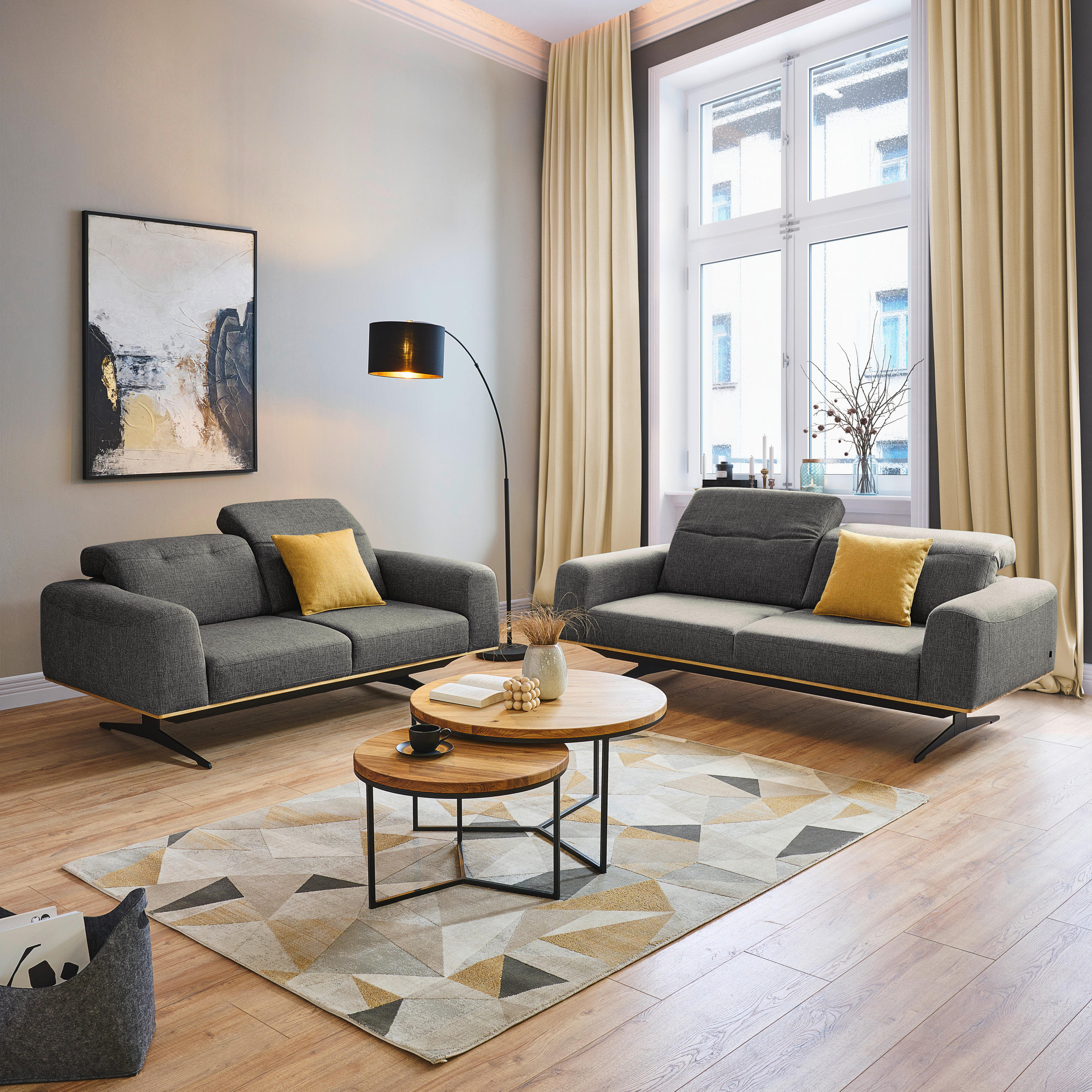 3-SITZER-SOFA in Struktur Dunkelgrau  - Dunkelgrau/Schwarz, Design, Textil/Metall (205/76-97/102cm) - Novel