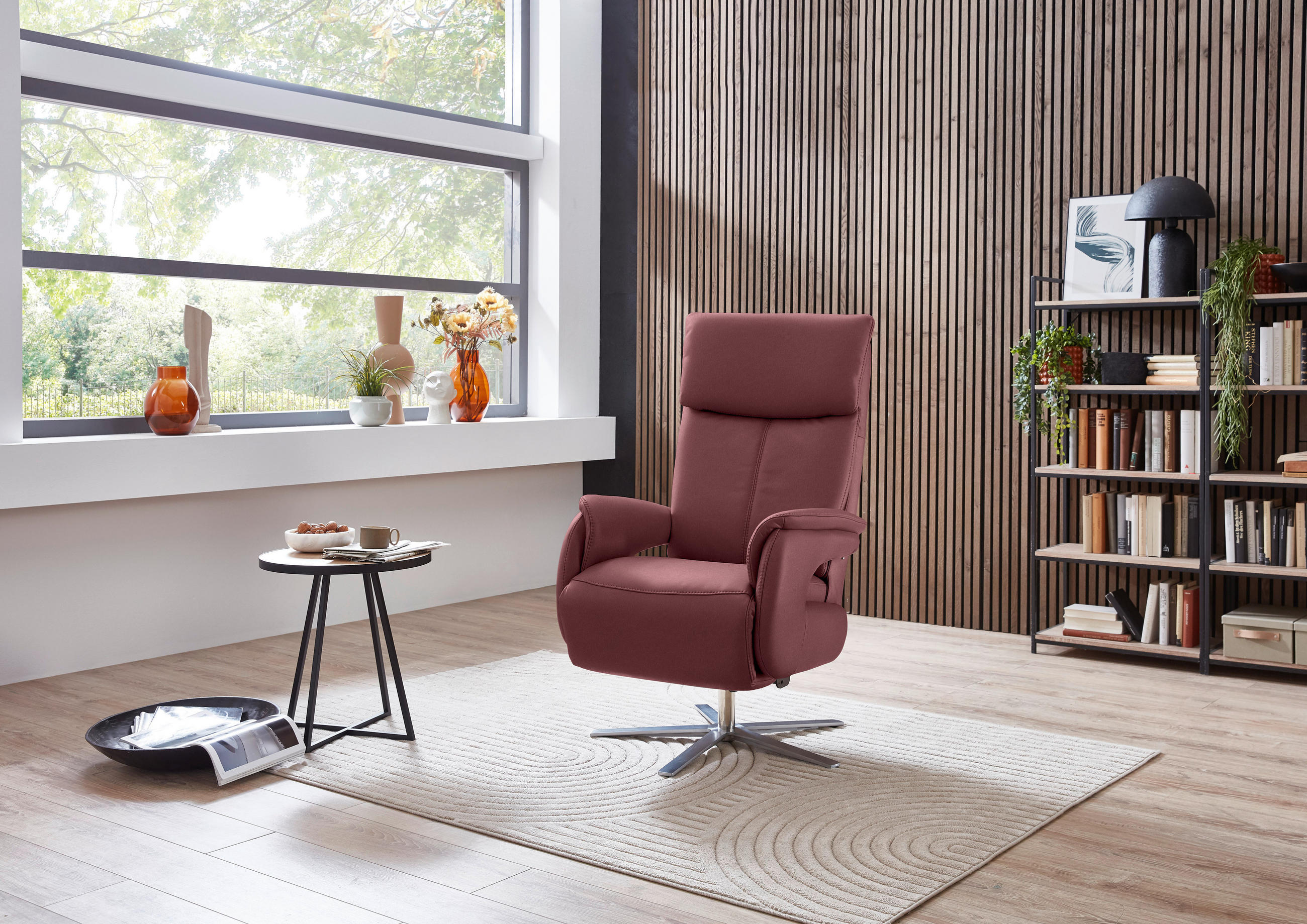 RELAXSESSEL in Leder Bordeaux  - Edelstahlfarben/Bordeaux, Design, Leder/Metall (70/124/85cm) - Cantus