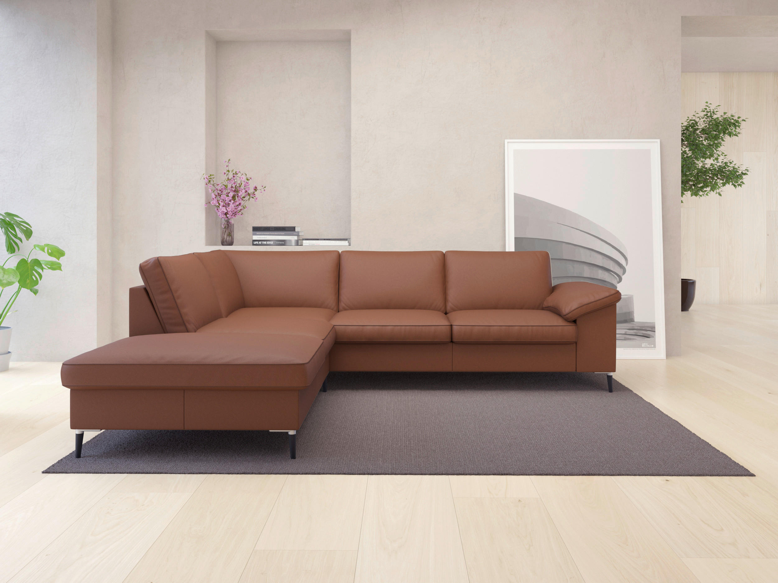 ECKSOFA Kastanienfarben Echtleder  - Kastanienfarben/Schwarz, Design, Leder/Metall (225/247cm) - Livetastic