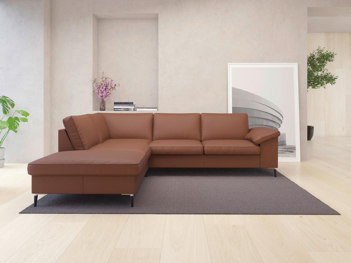 ECKSOFA Kastanienfarben Echtleder  - Kastanienfarben/Schwarz, Design, Leder/Metall (225/247cm) - Livetastic