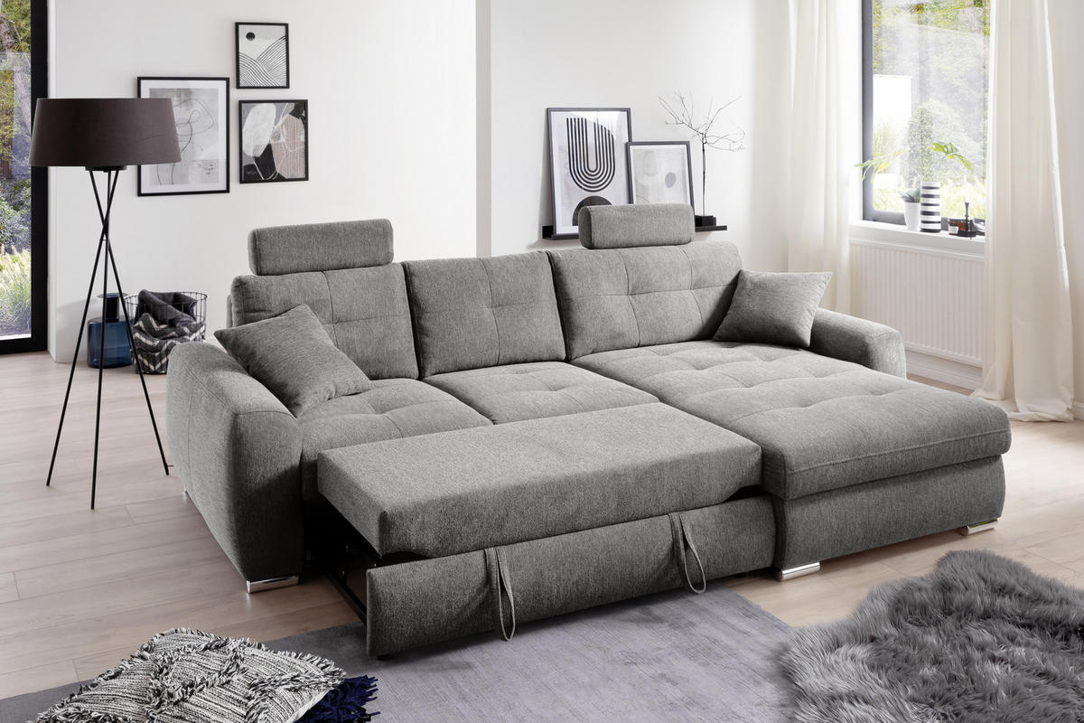 ECKSOFA in Mikrofaser Grau  - Chromfarben/Grau, Modern, Kunststoff/Textil (276/193cm) - Hom`in