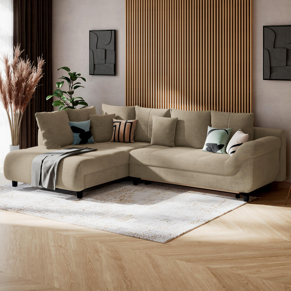 ECKSOFA MENDOZA NEW Beige Chenille, Struktur Zierkissen, Rückenkissen, Bettkasten  - Beige/Schwarz, KONVENTIONELL, Textil (197/309cm) - MID.YOU