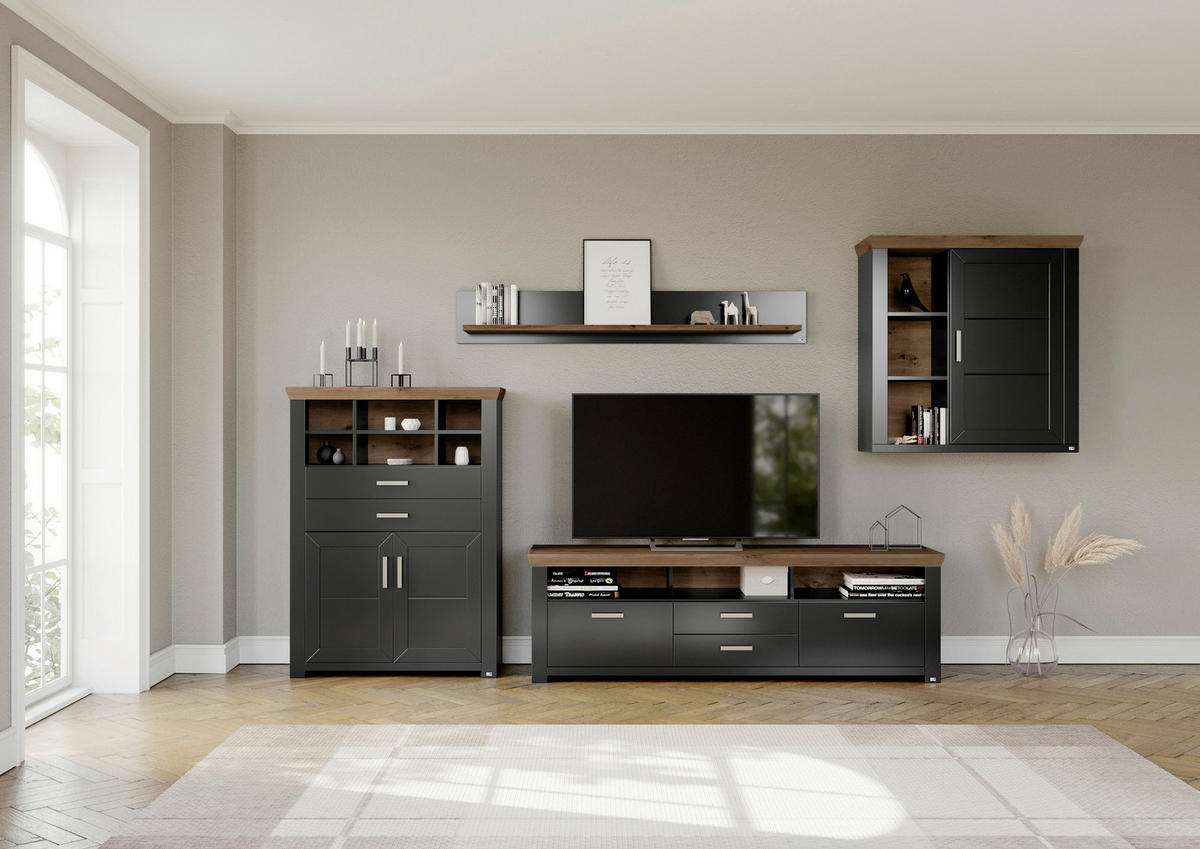 WOHNWAND  in Graphitfarben, Eiche Artisan  374/207/51,2 cm  - Graphitfarben/Eiche Artisan, Design, Holzwerkstoff/Metall (374/207/51,2cm) - SetOne by Musterring